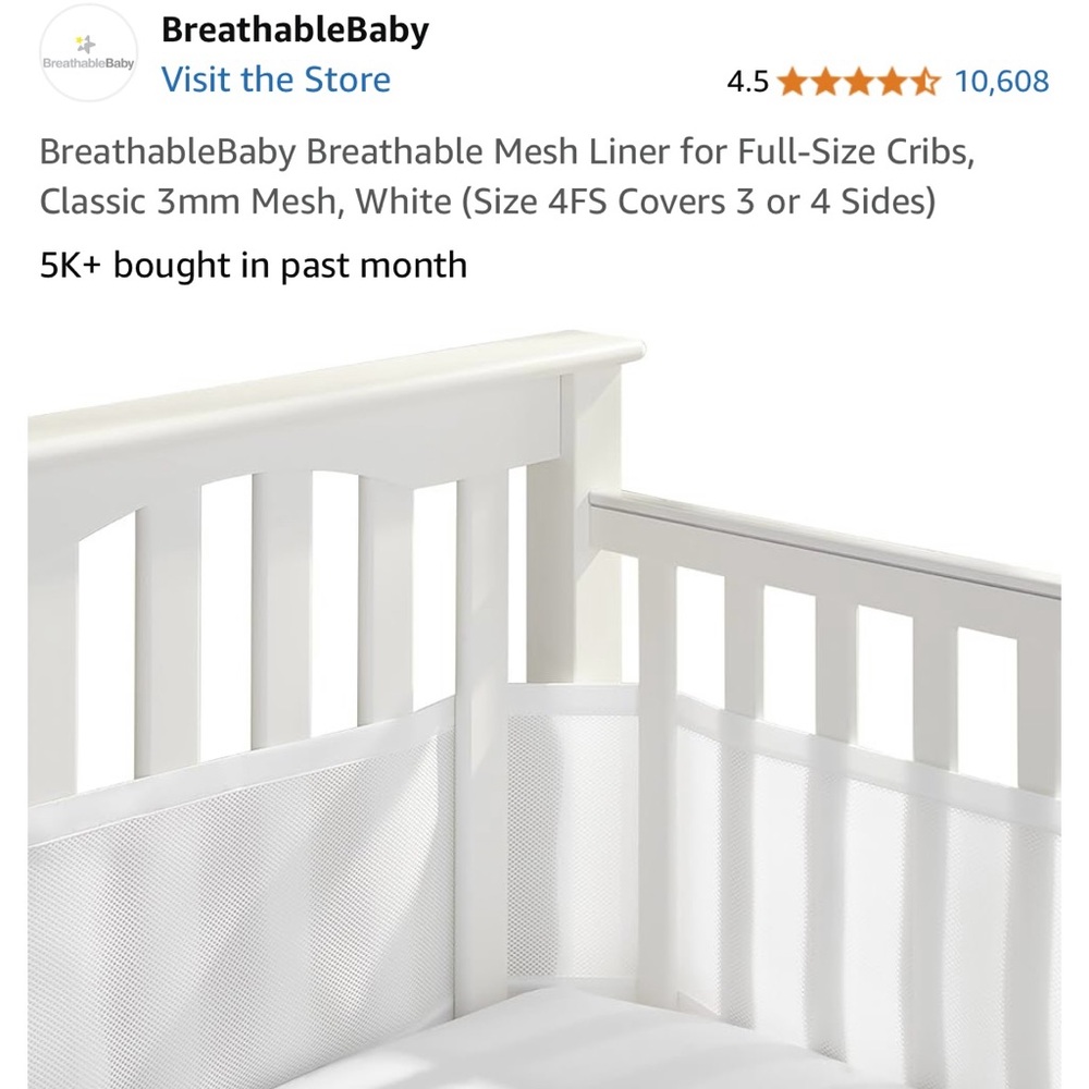 BreathableBaby Breathable Mesh Liner guard for Full-Size Cribs - 3 or 4 sides